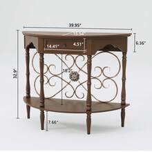 HLR Half Moon Console Table For Entryway, Minimal Assembly, Vintage Wood Accent Table With Drawer And Floral Wrought Iron, Entryway Table With Shelf For Living Room, Foyer, Hallway - 棕色 - 查看 3