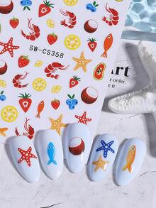 2片/套 夏季海洋鱼果美甲贴纸，可爱海星虾海洋主题自粘美甲装饰 DIY美甲用品 - 彩色 - 查看 7