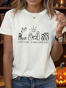 Simple And Versatile Design Women's Christian Christmas-Themed T-Shirt - Inspirational Print "Joy Of Hope, Joy Of A Tired World", Casual Short-Sleeve Crew Neck Top, Church Wear, Suitable For Christmas And All Seasons (Comfortable Christian Style). Cotton T-Shirt - 白色 - 查看 1
