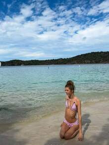 Set de Bikini para Mujer con Lunares, Top Triangular Halter y Braguita Corta, Detalle de Lazo y Cordón, Ajustado para Playa y Vacaciones de Verano - Rosa - Ver 8