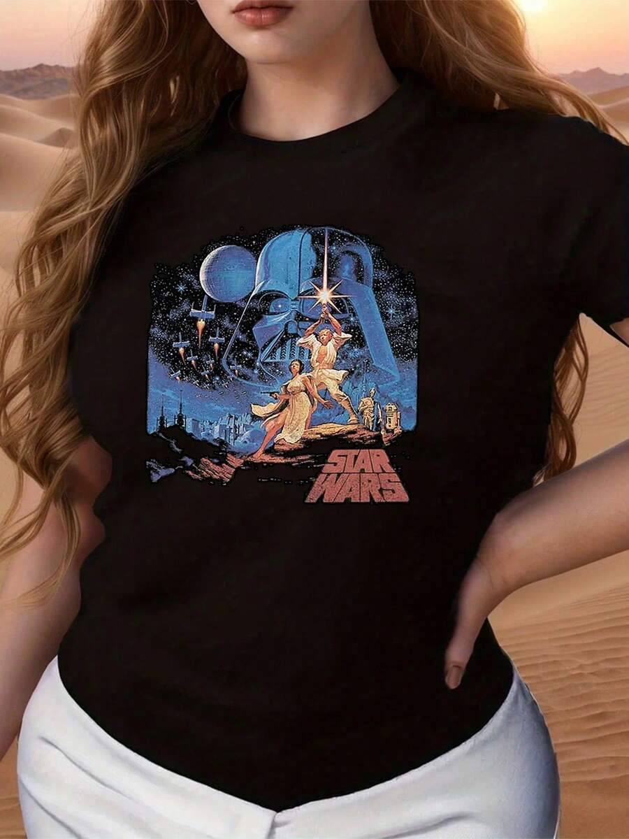 Graphic Featuring A Hero Raising A Against A Galactic Background Filled With Stars And Mysterious Figures Representing The Struggle Between Darkness And Hope. Soft, Comfortable Women's T-Shirt Ideal For Everyday Wear. - 黑色 - 查看 1