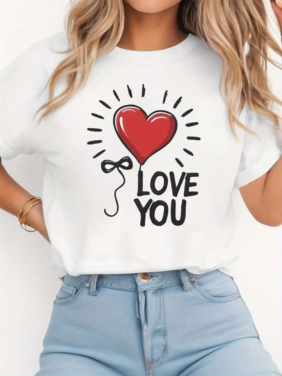 "LOVE YOU" T-Shirt With Heart Print And Balloon Design - 2026. Casual Summer Short-Sleeved Crew Neck T-Shirt With A Heart Message Print, Machine Washable, Suitable For Vacations, Dates, Everyday Wear, And Year-Round Use. 5IM5 - 白色 - 查看 1