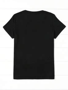 Women's Letter Print Birthday T-Shirt - Casual Round Neck Top, Letter Design, Short Sleeve, Regular Length, Suitable For All Seasons -- Lightweight, Breathable, And Comfortable Cotton T-Shirt. - 黑色 - 查看 2