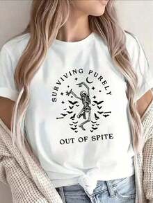 One Lightweight And Durable Black Short-Sleeved T-Shirt With A Graphic Design That Reads 'Surviving Solely Through Pure Anger'. Ideal For Casual Outings At Home, Cafes, Or Outdoor Activities, It Features A White Print On 180g 100% Cotton Black Material. - 白色 - 查看 1