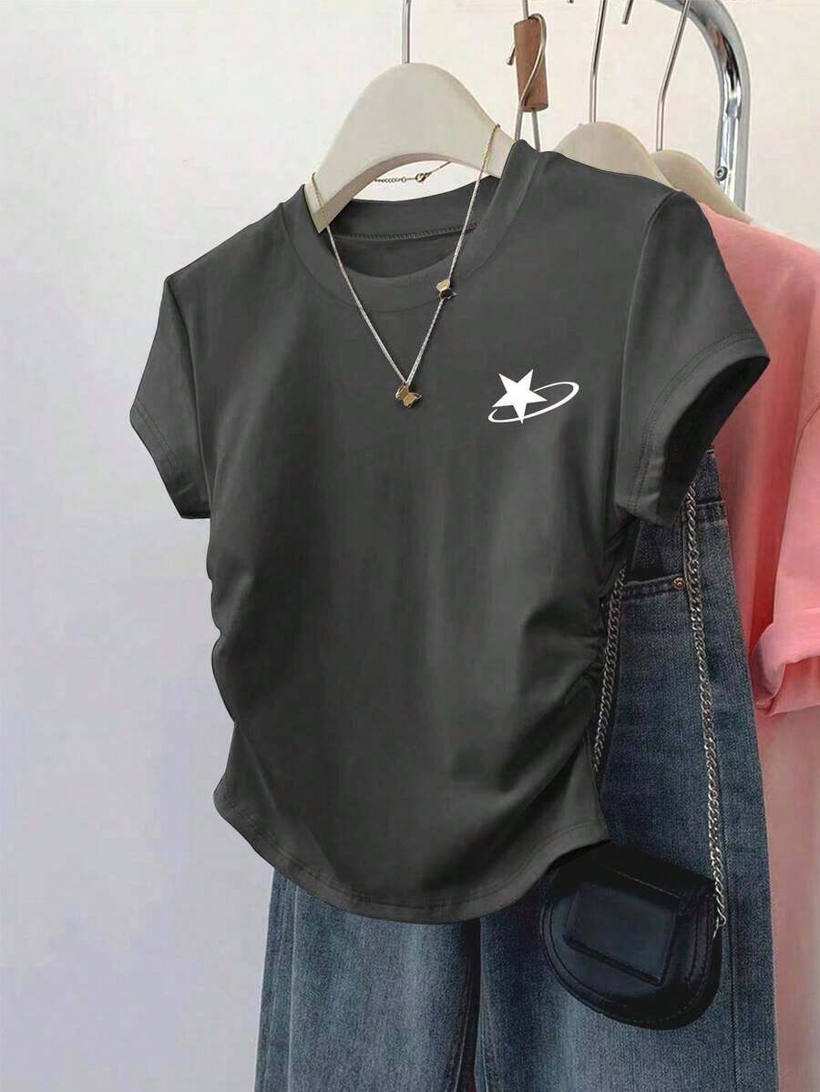 Camiseta casual de mujer para deportes al aire libre, nueva llegada de verano, adecuada para citas, vuelta al colegio, con estampado de rayas y flores, corte regular - Negro - Ver 1