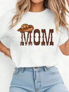 Women's Loose-Fitting T-Shirt, Fashionable Printed T-Shirt With "Vintage Cowboy Hat With 'MOM' Text" Design, Suitable For All Seasons, Everyday Wear T-Shirt, Perfect Gift, Fashionable Choice. - 白色 - 查看 8