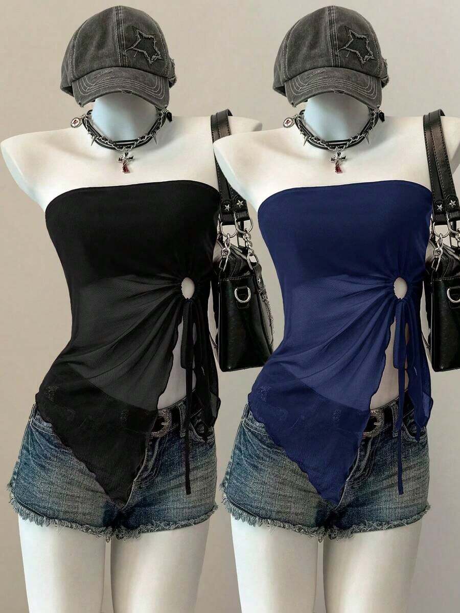 2 piezas Top de mujer con bajo asimétrico y borde de lechuga con cordón lateral, nueva llegada - Azul marino - Ver 1