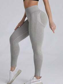 sin costuras de cintura alta de unicolor para uso diario, fitness y yoga para mujeres - Gris Claro - Ver 3