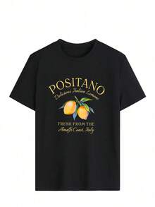 Esta camiseta de manga corta y cuello redondo, de corte holgado, es ideal para el verano. Presenta un divertido y elegante estampado inglés de limones, perfecto para vacaciones, la oficina, salidas, el día a día, citas, fiestas, reuniones y para un estilo urbano. Es una prenda versátil de estilo casual y deportivo, ideal como regalo para diversas ocasiones. - Negro - Ver 2