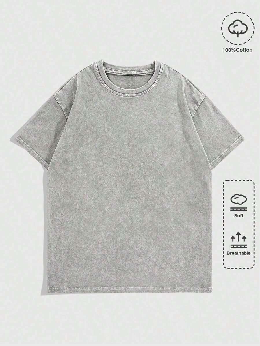 Women's & Men's ROMWE MEN Camiseta de verano de manga corta con cuello redondo casual y versátil de unicolor para hombre - Gris - Ver 1