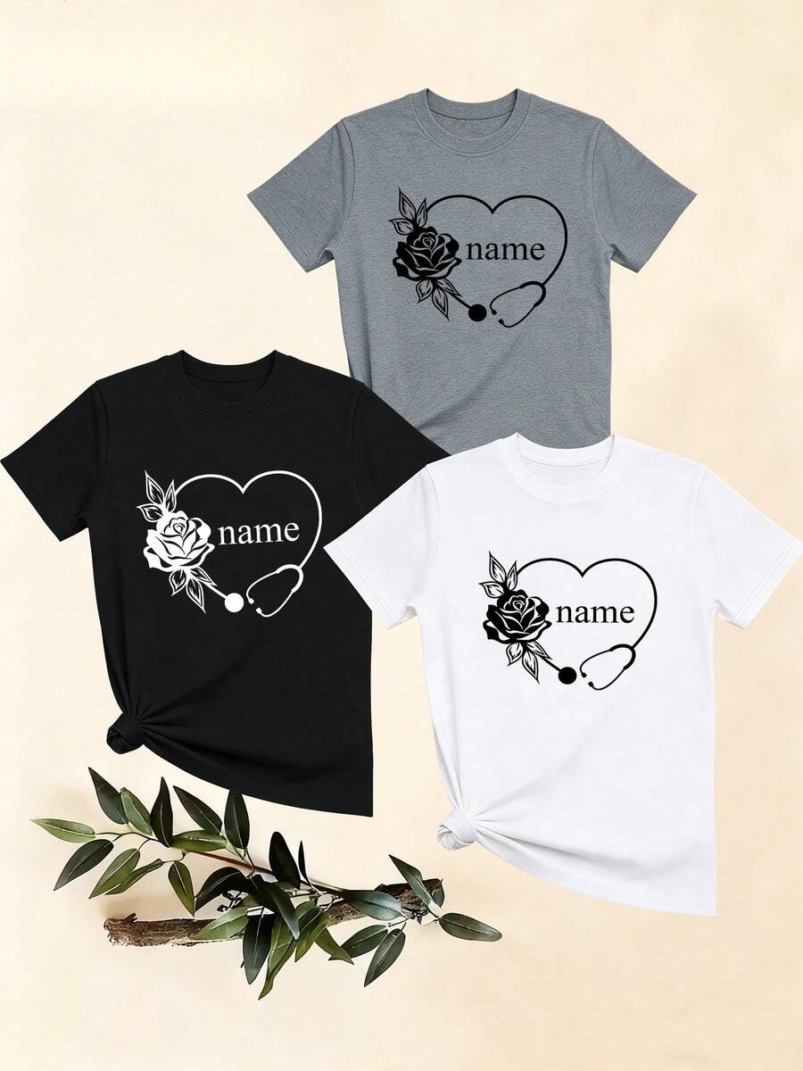 Women's T-Shirts, Women's T-Shirts, Casual One-Piece T-Shirt With Rose, Stethoscope And Heart Print, Comfortable Short-Sleeved Top. - 1件白色隨機圖案 - 查看 1