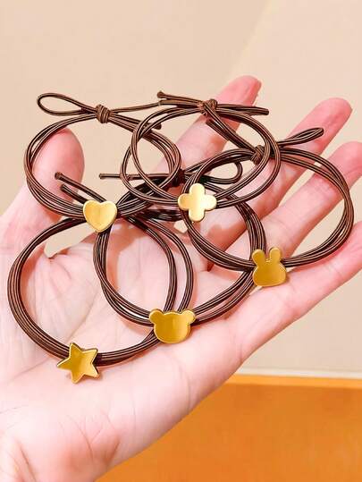 10/5 Sets Metallic Decorative Hair Ties, Brown High Elastic Hair Bands With Clover, Star, Rabbit, Heart, Bear Designs, Minimalist Versatile Hair Accessories - Suitable For Women And Girls, Suitable For Daily, Date, School, Vacation, Beach, Party, Holidays, Gifts