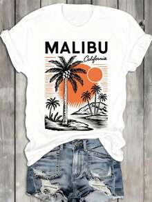 Malibu Palm Sunset Women's T-Shirt, 100% 180GSM, Retro California Print, Short Sleeve, Round Neck, White - Casual Summer Beachwear With Palm Tree And Malibu Design - 白色 - 查看 1