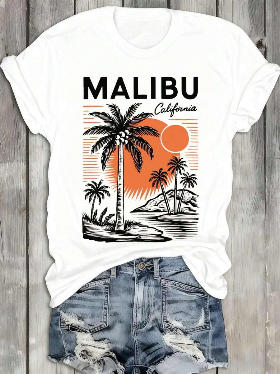 Malibu Palm Sunset Women's T-Shirt, 100% 180GSM, Retro California Print, Short Sleeve, Round Neck, White - Casual Summer Beachwear With Palm Tree And Malibu Design - 白色 - 查看 1