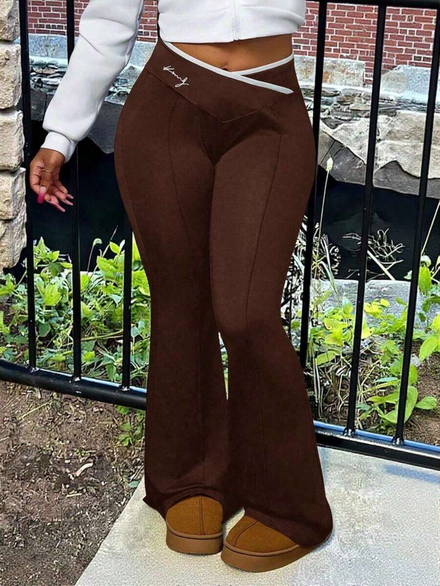 Nuevos Pantalones Acampanados De Talle Alto Con Envoltura En Color Sólido Simple Para Verano 2024 - Marrón - Ver 1