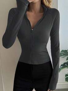 Chaqueta ajustada con cremallera, adecuada para primavera y verano - Gris Oscuro - Ver 3