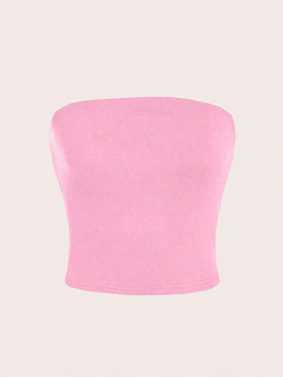 Top corto azul marino para mujer, top tubo casual ajustado adecuado para el verano - Rosa Pálido - Ver 1
