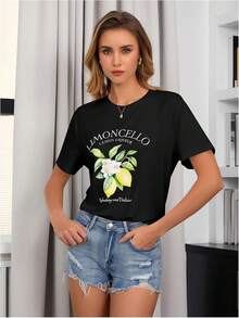 SweatyRocks - Women's Casual Short Sleeve T-Shirt With Letter And Fruit Print - 黑色 - 查看 6