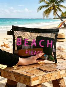 Bolsa de malla para la playa con el diseño "Beach_please", bolsa de cosméticos portátil para lápices labiales y esponjas, bolsa de aseo con diseño costero, organizador de maquillaje de viaje transparente y espacioso, bolsa de maquillaje de malla con estilo hawaiano perfecta para vacaciones en la playa, bolsa de compras portátil, ideal para vacaciones, fitness, regalos del Día de la Madre, San Valentín, maestros y viajes de mujeres, viajes cortos y artículos de viaje necesarios - Multicolor - Ver 13