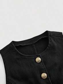 Top de mezclilla sin mangas para mujer, vaquero casual elástico y ajustado, de verano - Negro - Ver 3