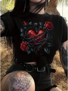 Camiseta de Mujer Casual de Manga Corta y Cuello Redondo, Tejido Elástico Medio, Lavable a Máquina, Ajuste Cómodo para Todas las Estaciones, Patrón Geométrico Único, Cuello Redondo, Estilo Jersey - Negro - Ver 6