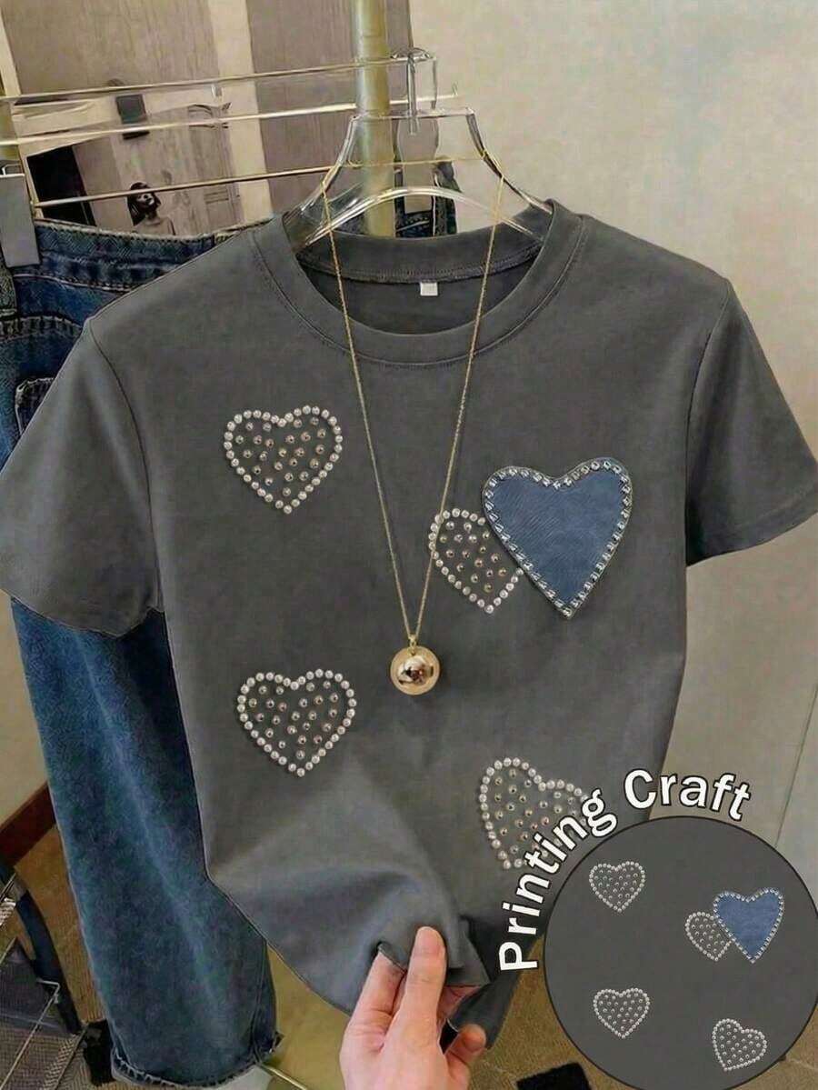 Women's Short-Sleeved T-Shirt With A Round Neck, Loose Fit, Casual And Versatile. Featuring A Modern, Elegant And Sophisticated Print Of Simple Letters, Ideal As A Basic Garment; Made From Soft Fabric With Excellent Drape - 深灰色 3 - 查看 1