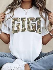 1 Piece Women's Crew Neck T-Shirt, Gigi Camouflage Print, Short Sleeve, Casual Daily Wear, 180g, 100% Cotton. - 白色 - 查看 7