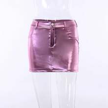 Minifaldas reflectantes de charol brillante para mujer, ropa Y2K corta de cintura alta, línea A, color rosa y plateado, verano y otoño - Rosa Roja - Ver 1
