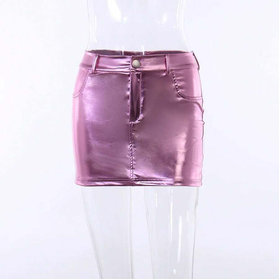 Minifaldas reflectantes de charol brillante para mujer, ropa Y2K corta de cintura alta, línea A, color rosa y plateado, verano y otoño - Rosa Roja - Ver 1