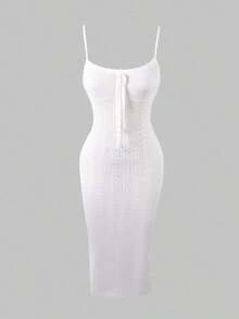 Vestido de punto blanco vintage casual y elegante de Yuwenier, con cuello cuadrado, diseño acanalado, patrón calado, tirantes finos, lazo delantero y abertura, ajustado tipo camisola, adecuado para el Día de San Valentín, vacaciones de verano, playa, boda, festival de música - Blanco - Ver 5
