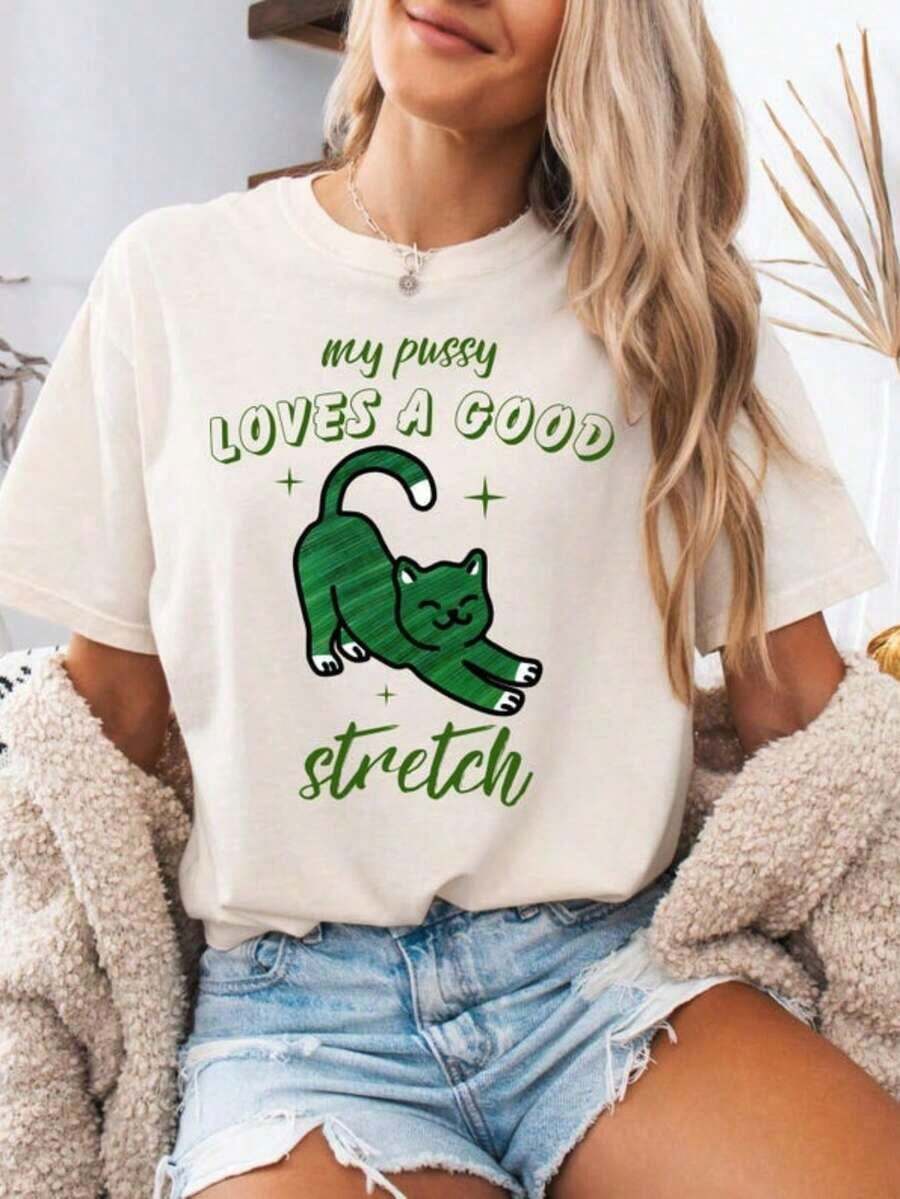Raunchy Cat T-Shirt, Inappropriate T-Shirts For Women, Funny T-Shirt, Offensive And Embarrassing T-Shirts, Funny Gift With Gen Z Memes, Thick Cotton Short Sleeve T-Shirt, 100% Cotton, Graphic Print, Casual Short Sleeve Top For Women - 白色 - 查看 1