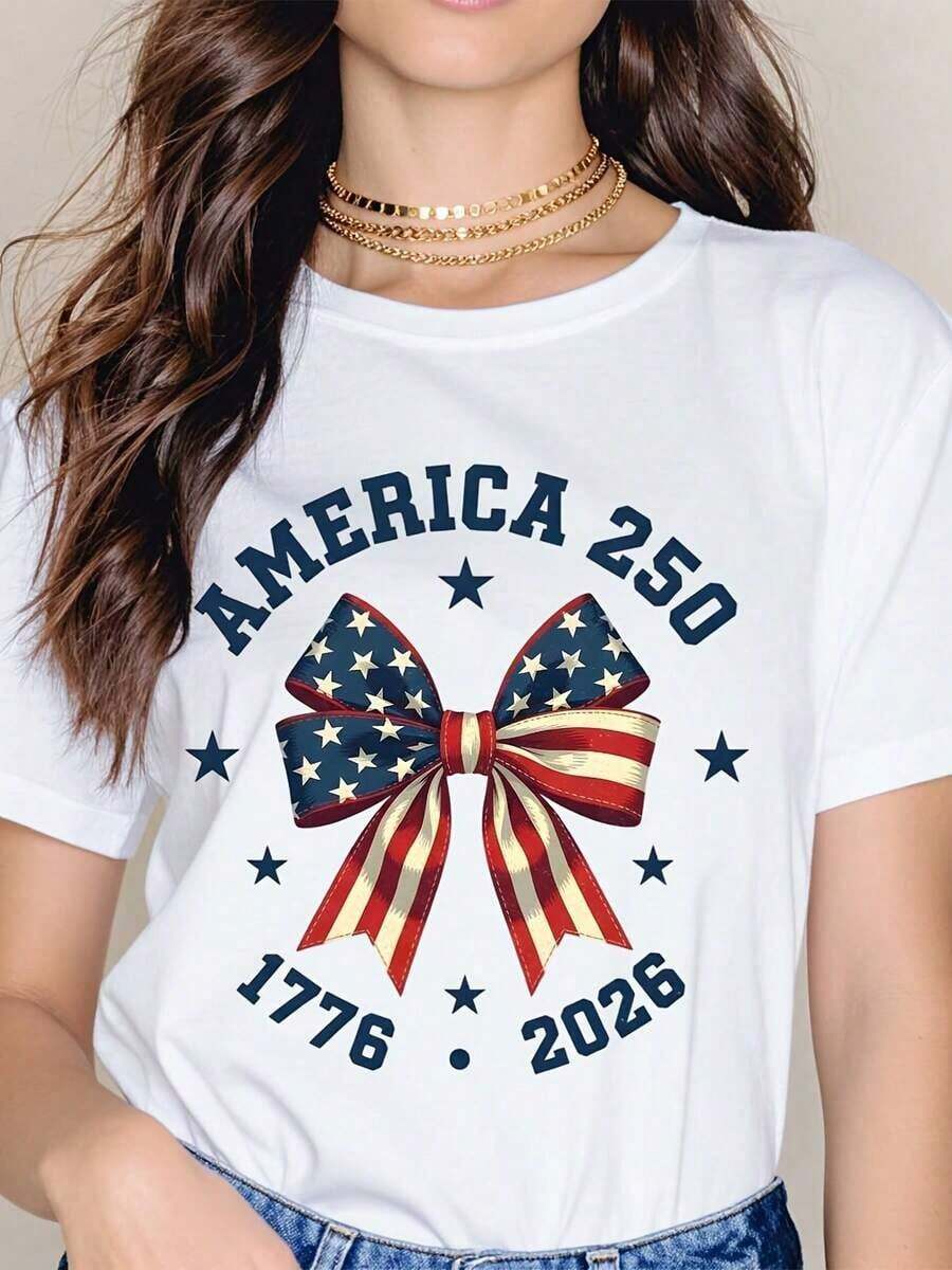 America 250 Stars And Stripes Short Sleeve T-Shirt, 1776-2026 Summer - 白色的 - 查看 1
