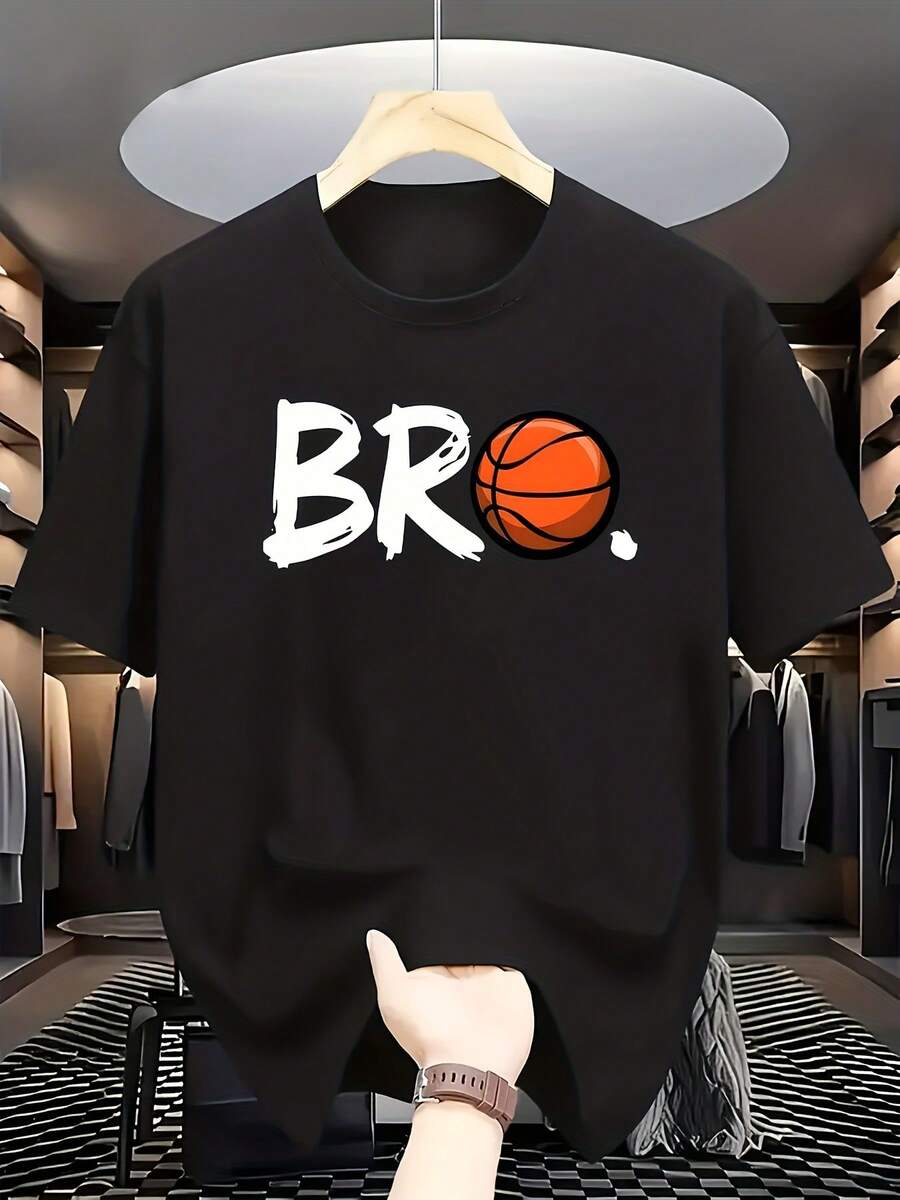 Men'S Vintage Basketball T-Shirt - Features a BRO Letter And Hoop Graphic Print, Short-Sleeved, Designed for Casual Wear with a BRO Letter Court Design - a Stylish Print T-Shirt for Men Resembling a Jersey - Negro - Ver 1