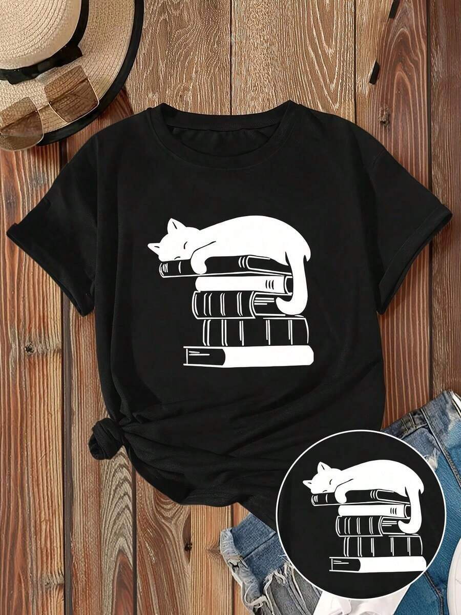 100% Cotton Women's Short Sleeve T-Shirt, Round Neck, Casual And Fashionable, With Simple White Cat Book Print, Middle Eastern Style, For Adults - Black - View 1