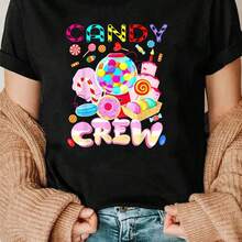 100% Cotton Printed Crew Neck T-Shirt, Casual Sports Top For Everyday Wear, Women's Dress - 黑色 - 查看 6