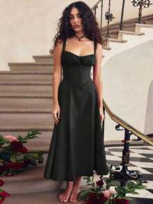 Mujeres Temperamento Moda Senior Sentido Francés Tirantes Suave Viento Vestidos Largo Dividido, Mujeres Temperamento Elegante Sexy Tirantes Vestido Elástico, conjuntos elegantes de mujer falda,Suave y Cómodo Tejido Agradable a la Piel, Adecuado para Banquetes, Asistir a Eventos, Hospedaje, Playas, Viajar Sesiones de Fotos, Fotografía de Calle, Trabajo y Uso Casual Diario. - Negro - Ver 2