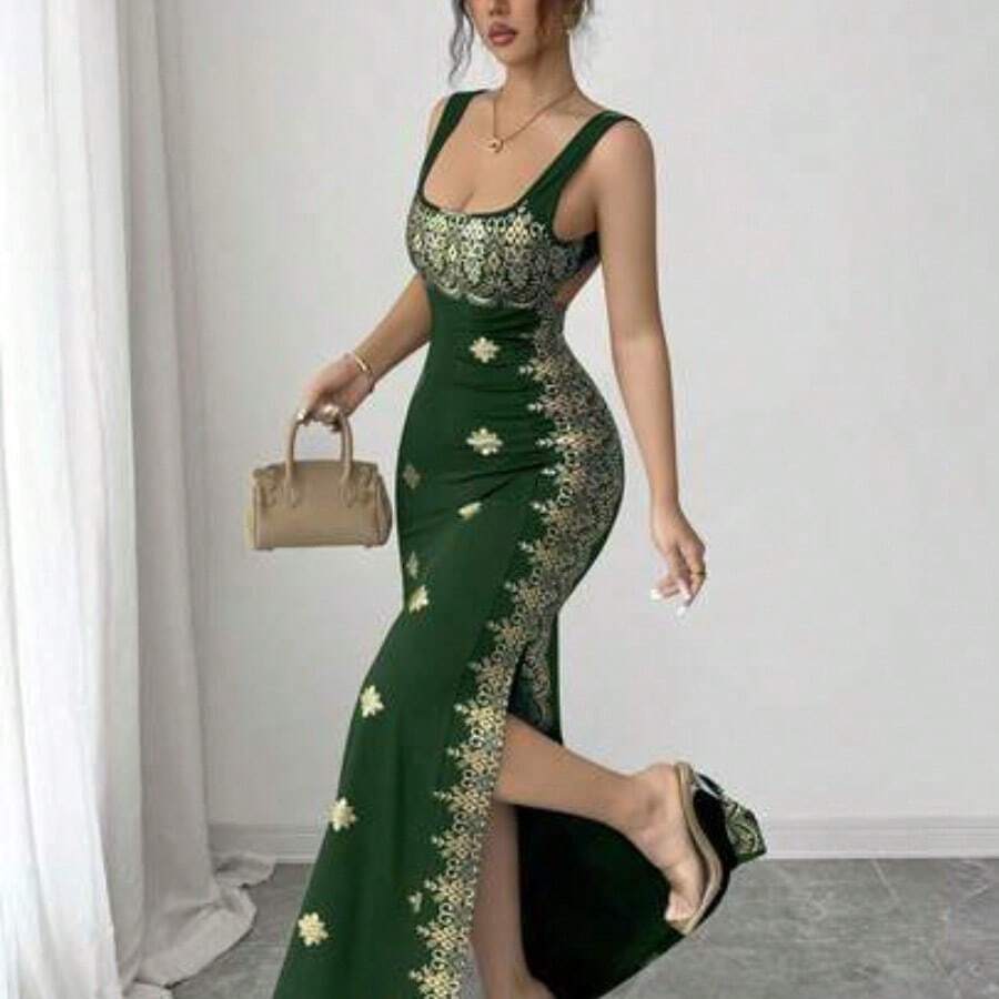 Raffinéa Women's Shiny Gold & Black Summer New Dress, Square Neck Spaghetti Strap Backless Slit Hem Fitted High Waist Dress, Suitable For Party, Wedding, Business Banquet, Daily Occasions, Gala, Wedding Party, Holiday Attire - Verde Oscuro - Ver 1