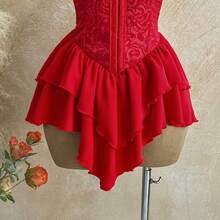 WYWH Women's Romantic Vacation Dress, Red Jacquard Texture Ruched Waist Splice Ruffle Strap Shoulder Strap Multi-Layer Ruffle Hem A-Line Chiffon Mini Dress, Casual, Date, Valentine's Day, Afternoon Tea, Beach, Cruise, City Vacation, Music Festival, Party, Boho, Hippie, Western, Daily Commute, Valentine's Day Red Dress,Summer Dresses For Women,Music Festival Outfits, Everyday Outfits, Wedding Season Outfits, Party Outfits, Carnival Outfits, Island Vacation Outfits. Black Corset Tops For Wom - Rojo - Ver 5