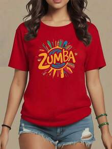 Gráfico colorido con la palabra Zumba rodeada de formas que evocan movimiento ritmo y alegría tropical camiseta para mujer 100% algodón suave y cómoda para uso casual - Negro - Ver 8