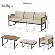 Garden Dining Set, Garden Lounger Set, 5-Piece Garden Furniture Set, 3-Seater Sofa, 2 Armchairs, Stool And Dining Table, Plastic Wood Tabletop, Braided Rope Armrests, Galvanized Steel, Beige - 米色 - 查看 5
