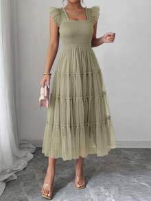 Women's Summer Tulle Midi Dress, Sleeveless Shirred Ruffle Flowy Mesh Dress, Party Bridesmaid Wedding Guest Vacation Sundress - Xanh nhạt - Xem 4