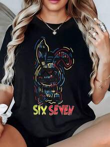 Figura colorida de conejo formada por frases motivacionales en tonos vibrantes con letras grandes SIX SEVEN camiseta de mujer 100% algodón 220g - Negro - Ver 2