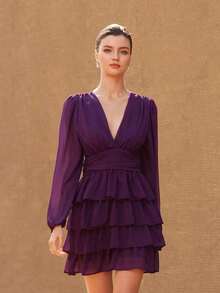 Aveloria Revavyn Vestido mini elegante de mujer con escote en V, mangas abullonadas, cintura con volantes y bajo con volantes de gasa - Morado - Ver 12