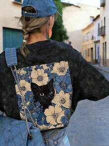 Camiseta de manga corta de cuello redondo color albaricoque con estampado floral y de gato negro, de estilo minimalista y de moda para el verano. Blusa versátil y elegante para mujer en vacaciones(Retro style, fresh style, sweet style, unisex)(Retro style, fresh style, sweet style, unisex) - Negro - Ver 7