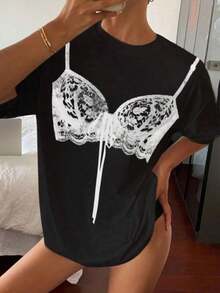 StreetKorean Women's Crew Neck T-Shirt With Printed Design And Front Knot, Stylish Casual Everyday Graphic Tee - 黑色 - 查看 2
