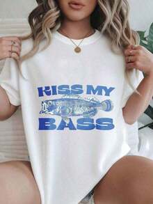 Camiseta Casual para Mujer - Camiseta de Manga Corta con Estampado de Diseño "Kiss My Bass Fish", Cuello Redondo, Top de Verano, Lavable a Máquina, Camisetas para Damas, Ropa Casual, Estilo Moderno, Ajuste Cómodo  
     Conjuntos de verano para mujer, camisetas gráficas para mujer, camisetas gráficas, camisetas gráficas para mujer, camisetas de verano, camisetas casuales, camisetas de verano, tops, conjuntos de verano para mujer, 100% algodón, duraderas. - Blanco - Ver 1
