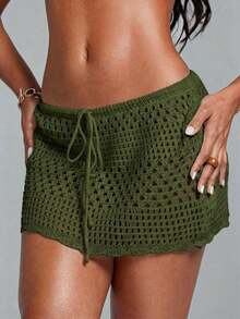 Swim Lushoire Falda pareo con dobladillo ondulado para la playa, con patrón geométrico perforado y floral - Verde militar - Ver 1