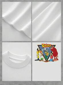 Gráfico colorido que muestra a un grupo de personajes animados sonrientes celebrando la amistad y la diversión con un fondo geométrico retro lleno de energía positiva camiseta de mujer  casual cómoda para uso diario - Blanco - Ver 4