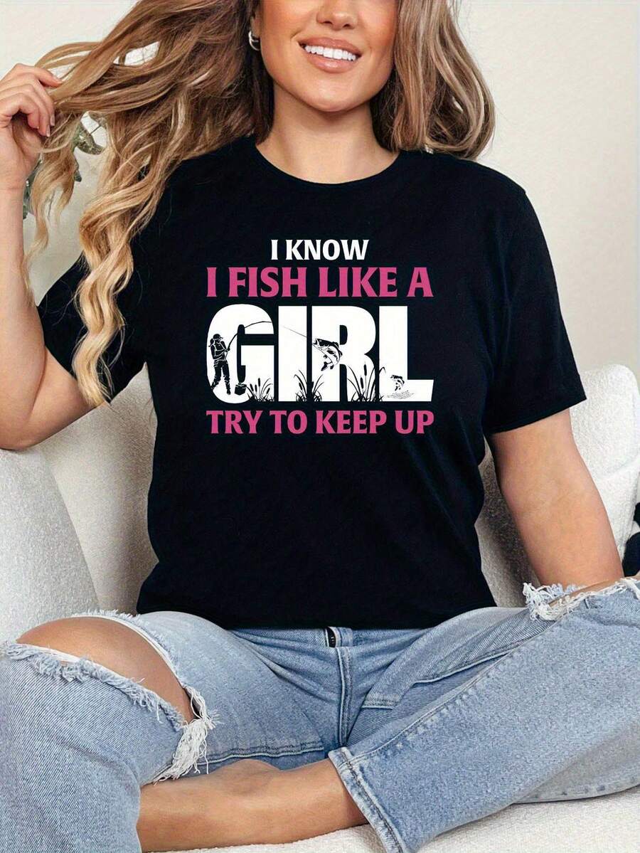 Women's Graphic T-Shirt "I Know Fishing Is Trying To Keep Up The Pace" - Casual Black Short-Sleeved T-Shirt With Cartoon Fish Design, Lightweight Polyester Blend For Spring/Summer, Fishing T-Shirts - 黑色 - 查看 1