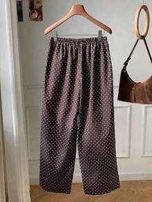 Pantalones casuales de mujer de lunares amarillos tejidos - Café integral - Ver 2